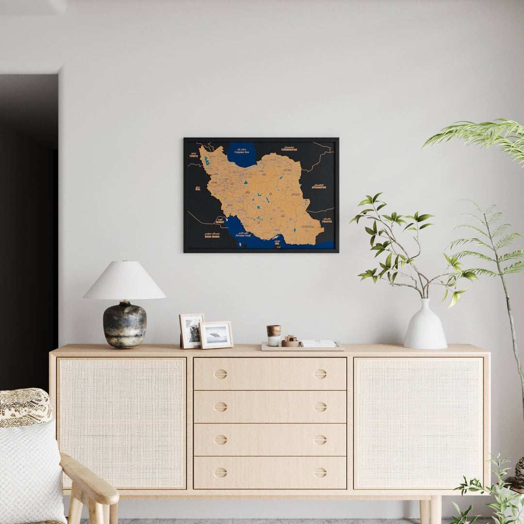 Framed Iran Cork Wall Map Decor