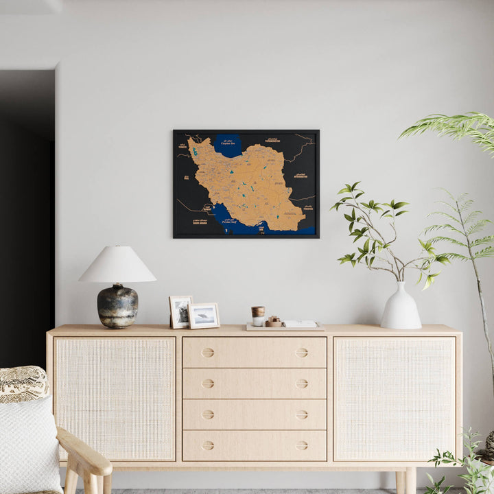 Framed Iran Cork Wall Map Decor
