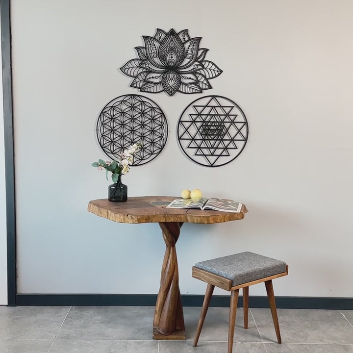 Mandala, Sri Yantra, Flower of Life Triple Set - Metal Wall Art Decor