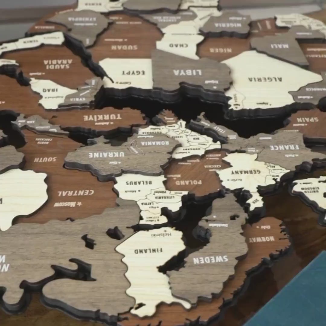 Assembled 3D Wooden Multilayered World Map on Metal Base