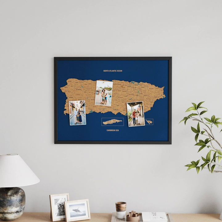 Framed Puerto Rico Cork Wall Map Decor