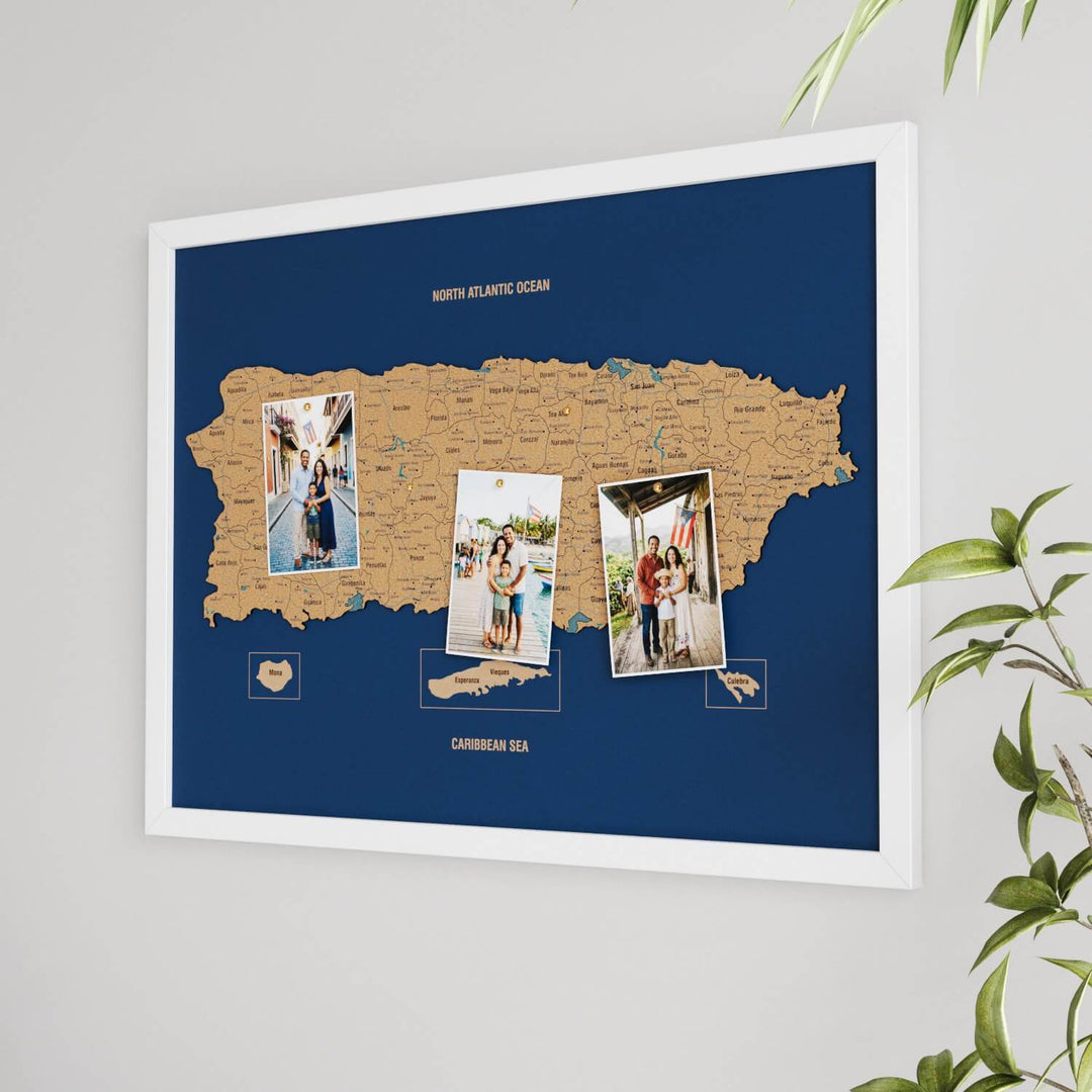 Framed Puerto Rico Cork Wall Map Decor