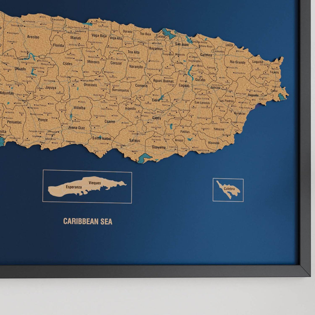 Framed Puerto Rico Cork Wall Map Decor