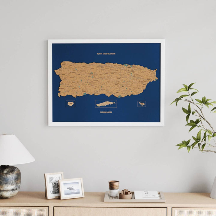 Framed Puerto Rico Cork Wall Map Decor