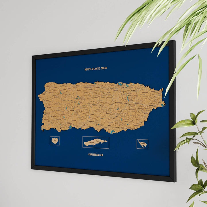 Framed Puerto Rico Cork Wall Map Decor