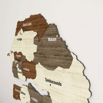 Senegal wooden wall map from a steep side angle, showing Matam and Tambacounda raised layers