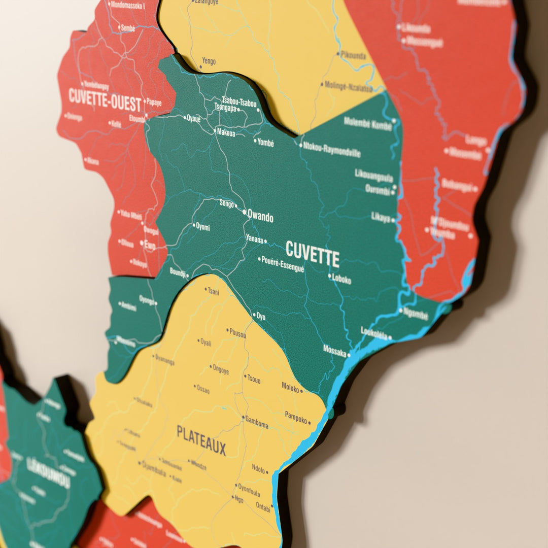 Close-up of the Flag colored Republic of the Congo wooden wall map with layered regions and printed names