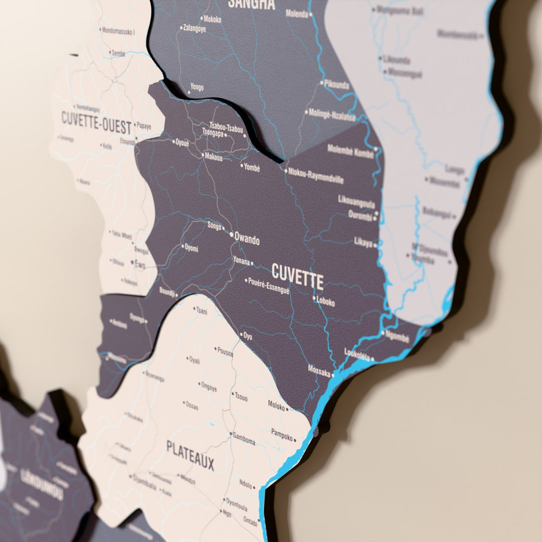 Close-up of the Nimbus Republic of the Congo wooden wall map with layered regions and printed names