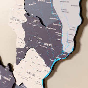 Close-up of the Nimbus Republic of the Congo wooden wall map with layered regions and printed names