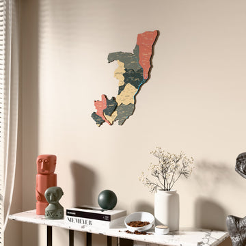 Sage Republic of the Congo wooden wall map beside a sheer curtain, angled view