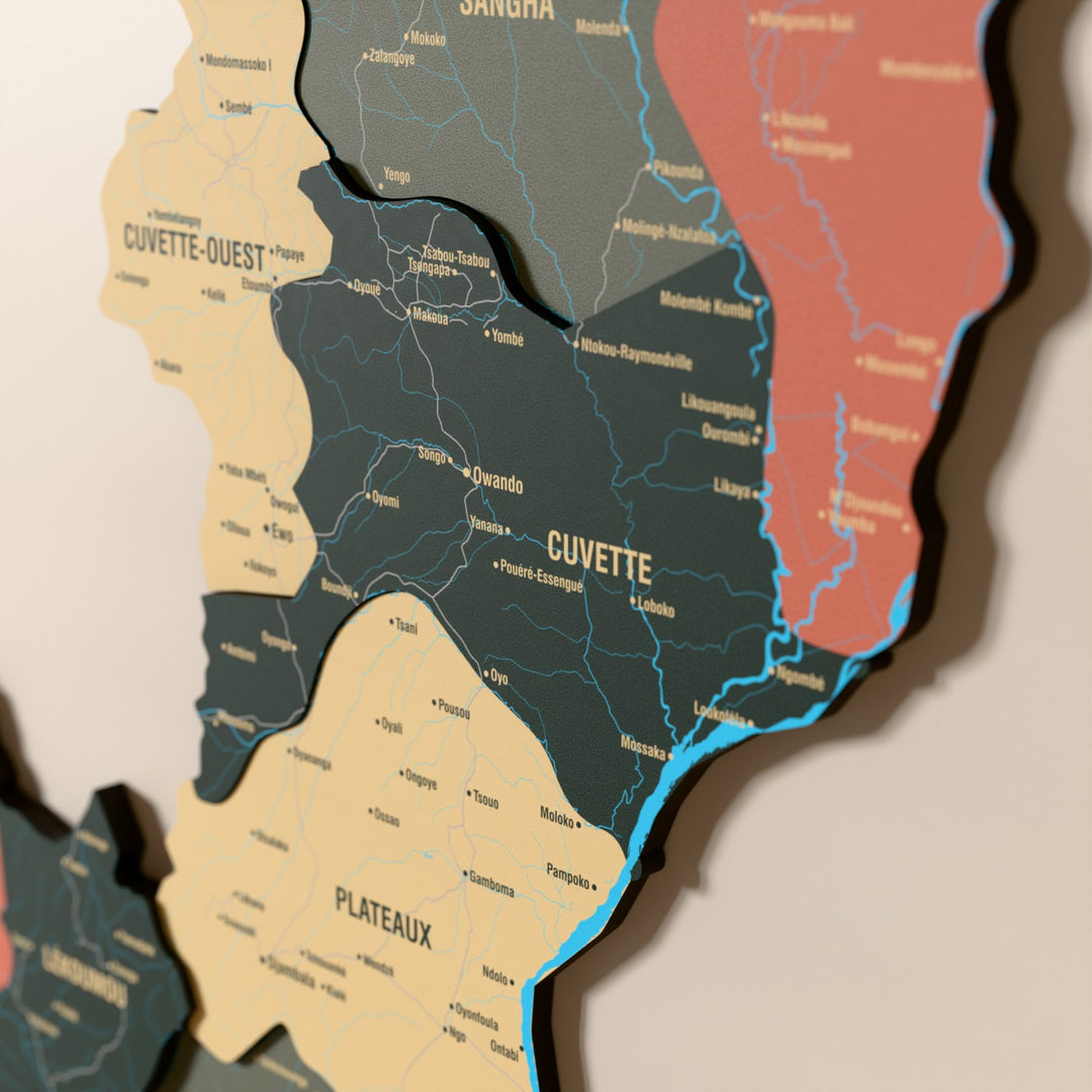 Close-up of the Sage Republic of the Congo wooden wall map with layered regions and printed names