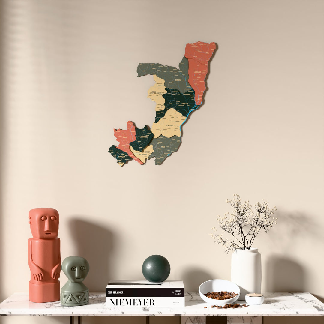 Sage Republic of the Congo wooden wall map above a marble console, front view