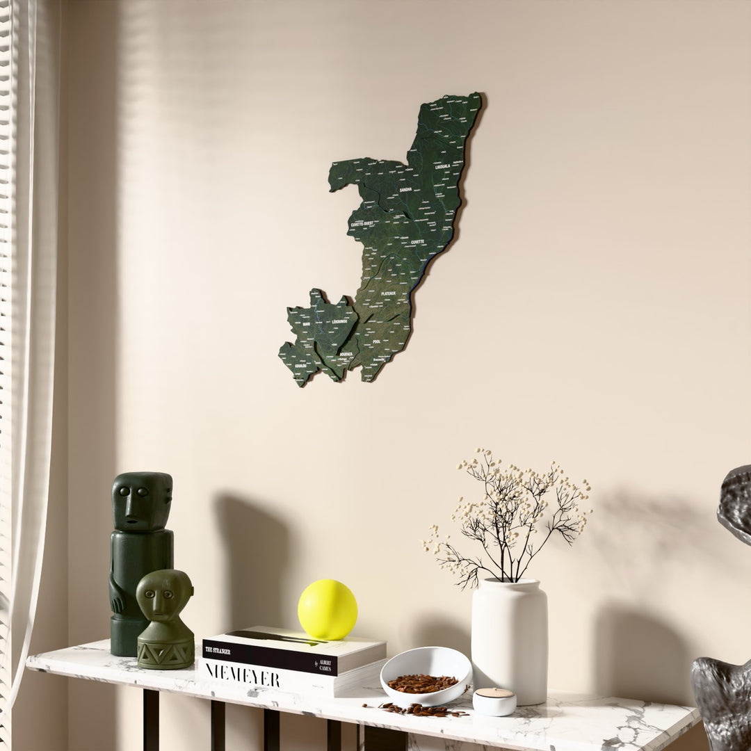 Satellite Republic of the Congo wooden wall map beside a sheer curtain, angled view