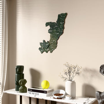 Satellite Republic of the Congo wooden wall map beside a sheer curtain, angled view