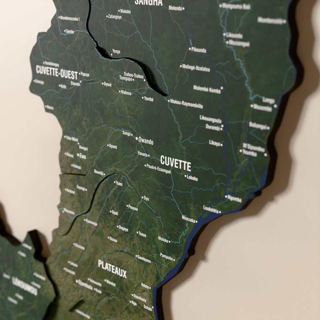 Close-up of the Satellite Republic of the Congo wooden wall map with layered regions and printed names