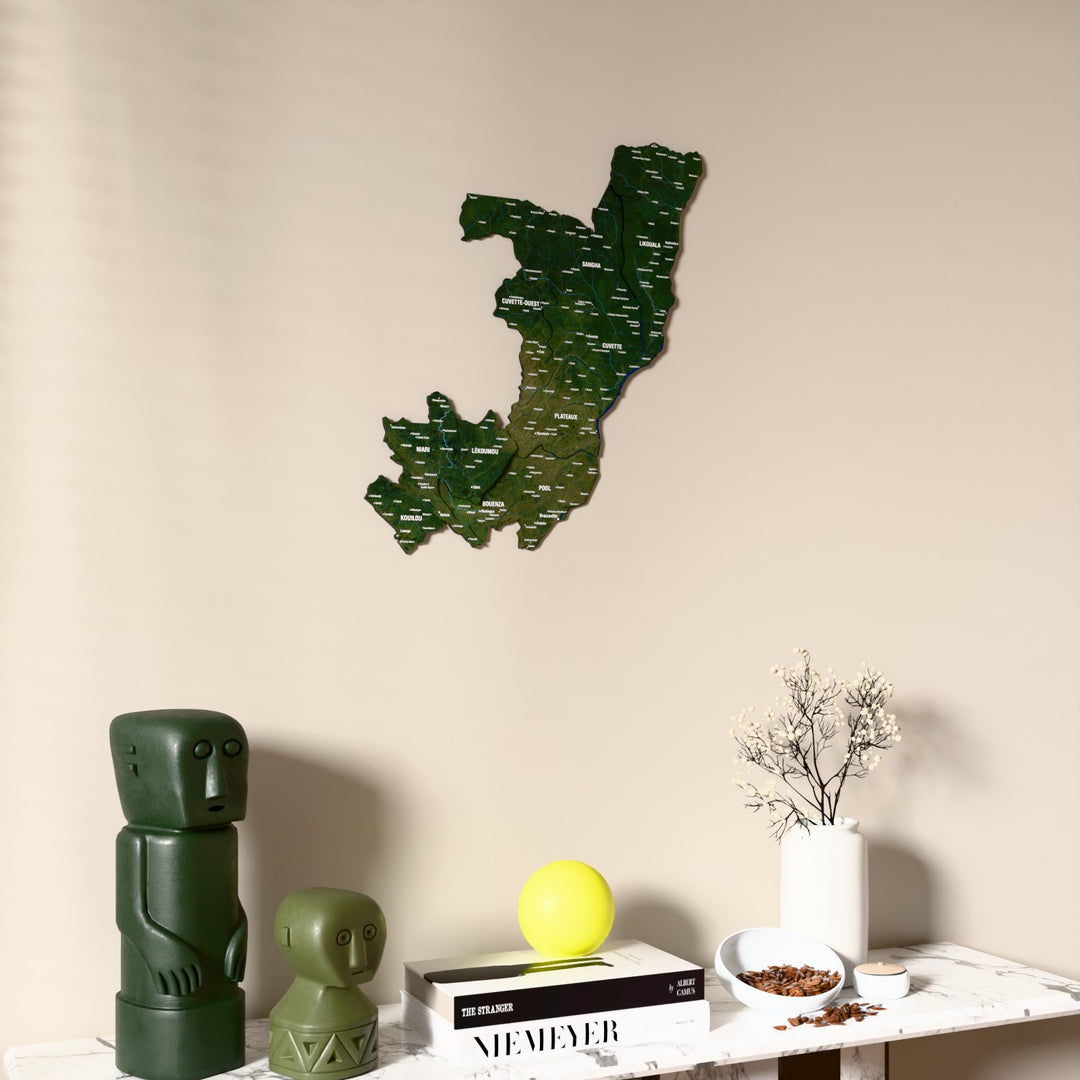 Satellite Republic of the Congo wooden wall map on a beige wall above a console with figurines