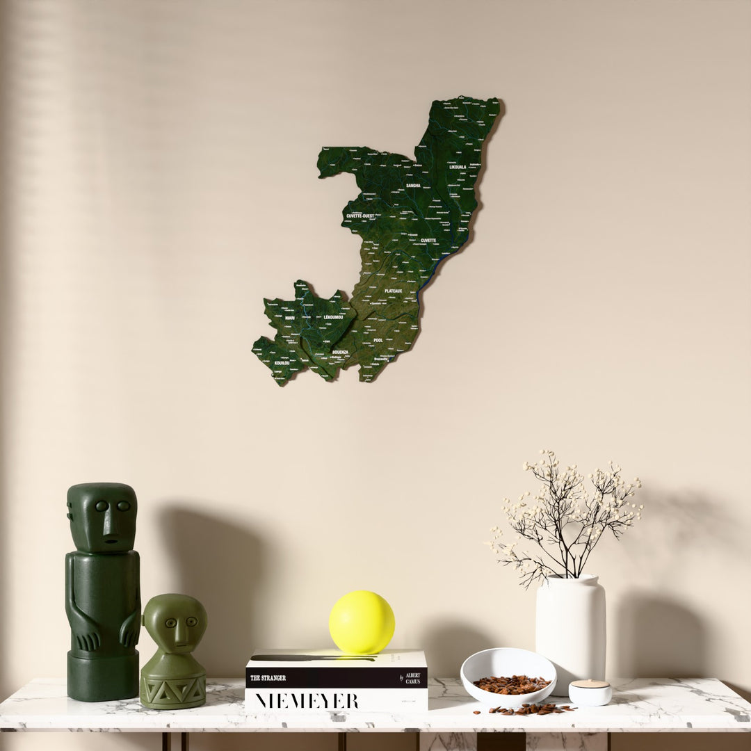 Satellite Republic of the Congo wooden wall map above a marble console, front view