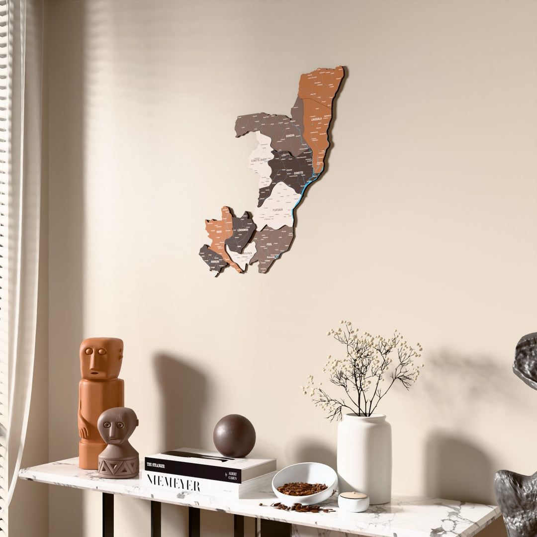 Soil Republic of the Congo wooden wall map beside a sheer curtain, angled view