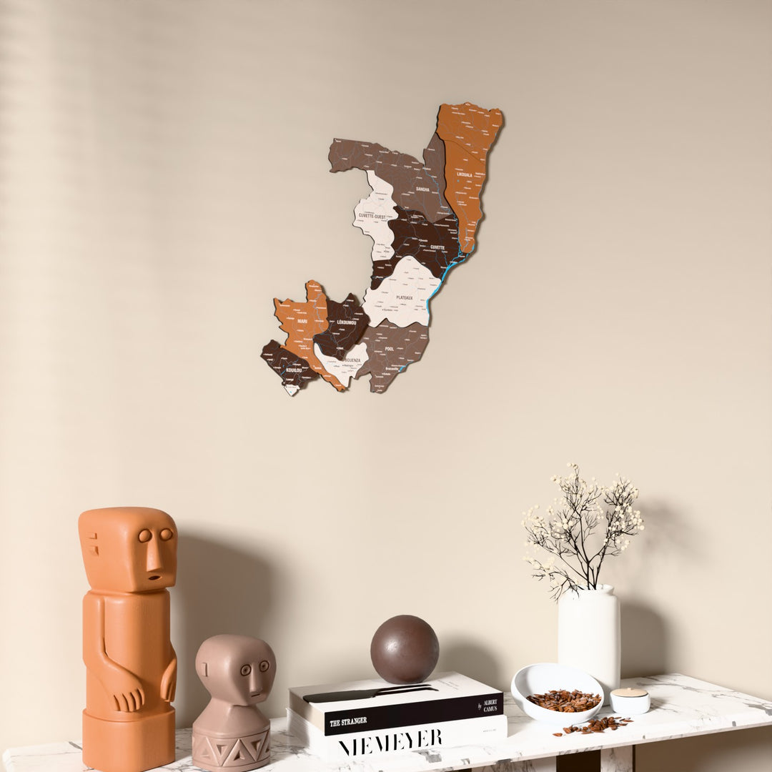 Soil Republic of the Congo wooden wall map on a beige wall above a console with figurines