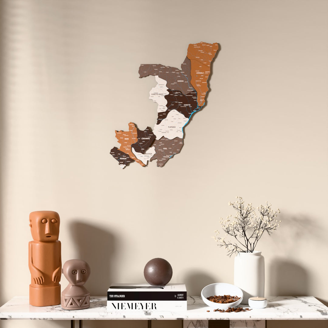 Soil Republic of the Congo wooden wall map above a marble console, front view