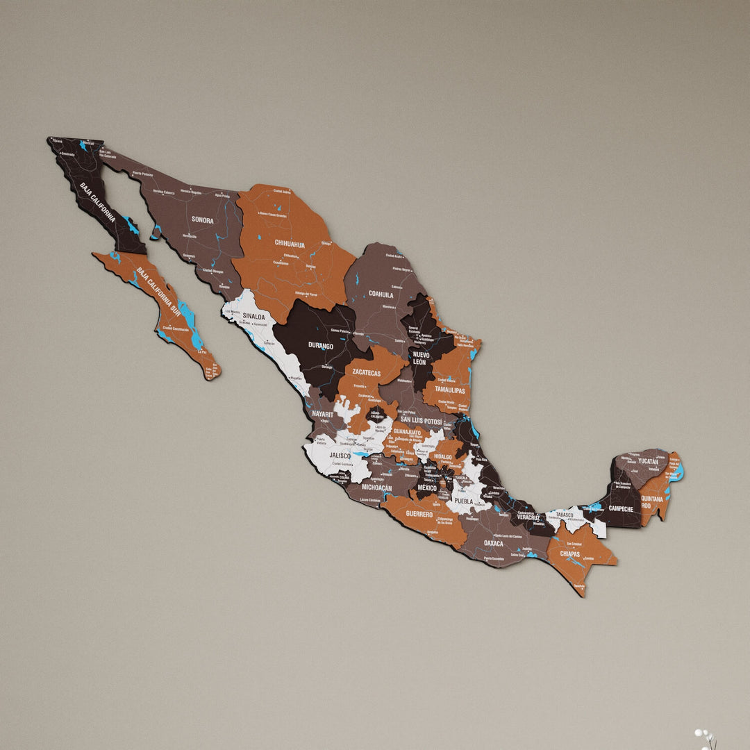 Soil Mexico wooden wall map in brown, rust and cream states on a beige wall, angled view showing the layered pieces