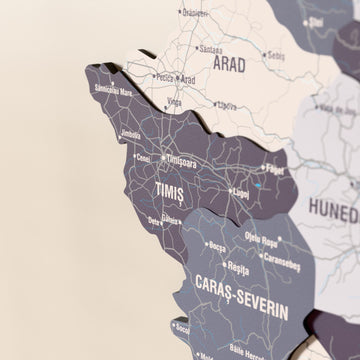 Close-up of the Nimbus Romania wooden wall map with layered regions and printed names