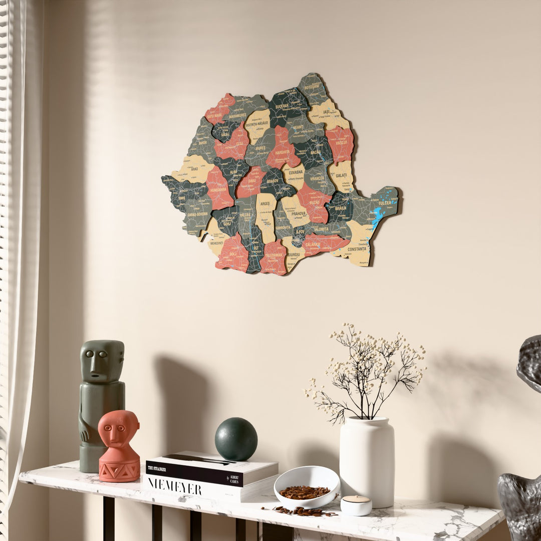 Sage Romania wooden wall map beside a sheer curtain, angled view