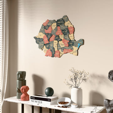 Sage Romania wooden wall map beside a sheer curtain, angled view