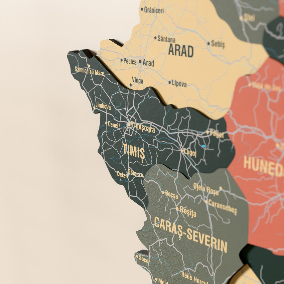 Close-up of the Sage Romania wooden wall map with layered regions and printed names