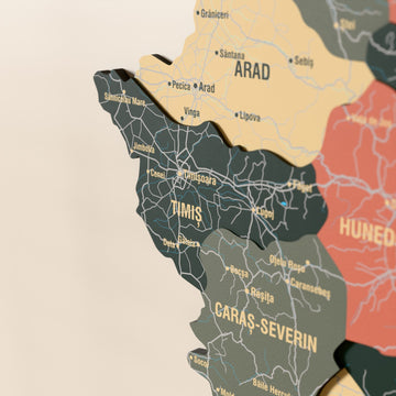 Close-up of the Sage Romania wooden wall map with layered regions and printed names