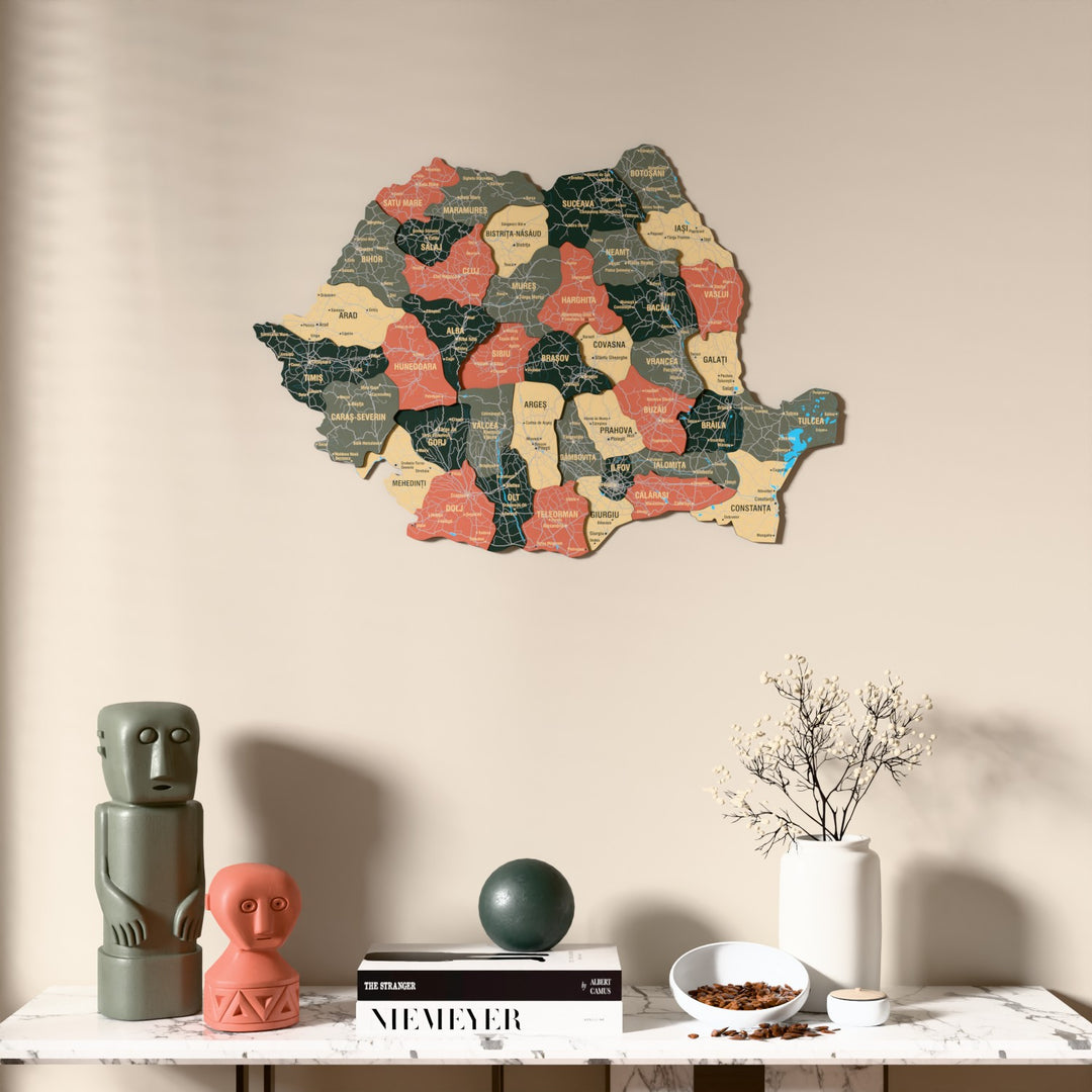 Sage Romania wooden wall map above a marble console, front view