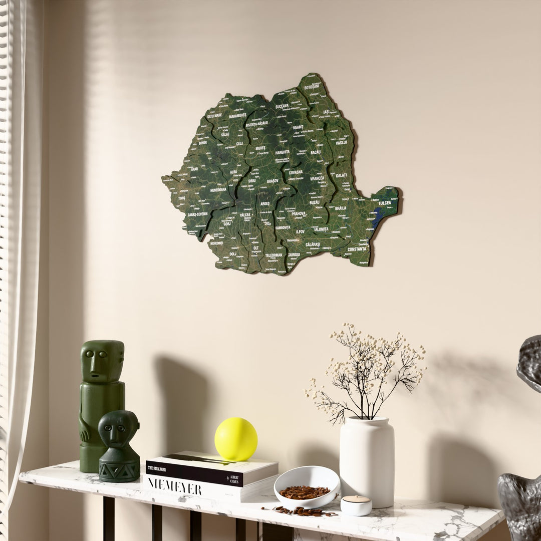Satellite Romania wooden wall map beside a sheer curtain, angled view