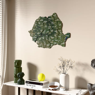 Satellite Romania wooden wall map beside a sheer curtain, angled view