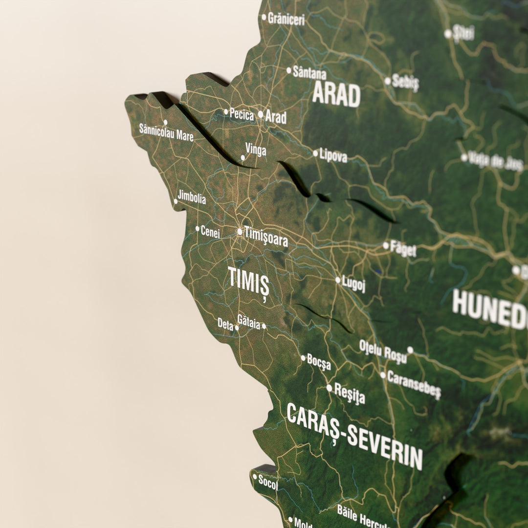 Close-up of the Satellite Romania wooden wall map with layered regions and printed names