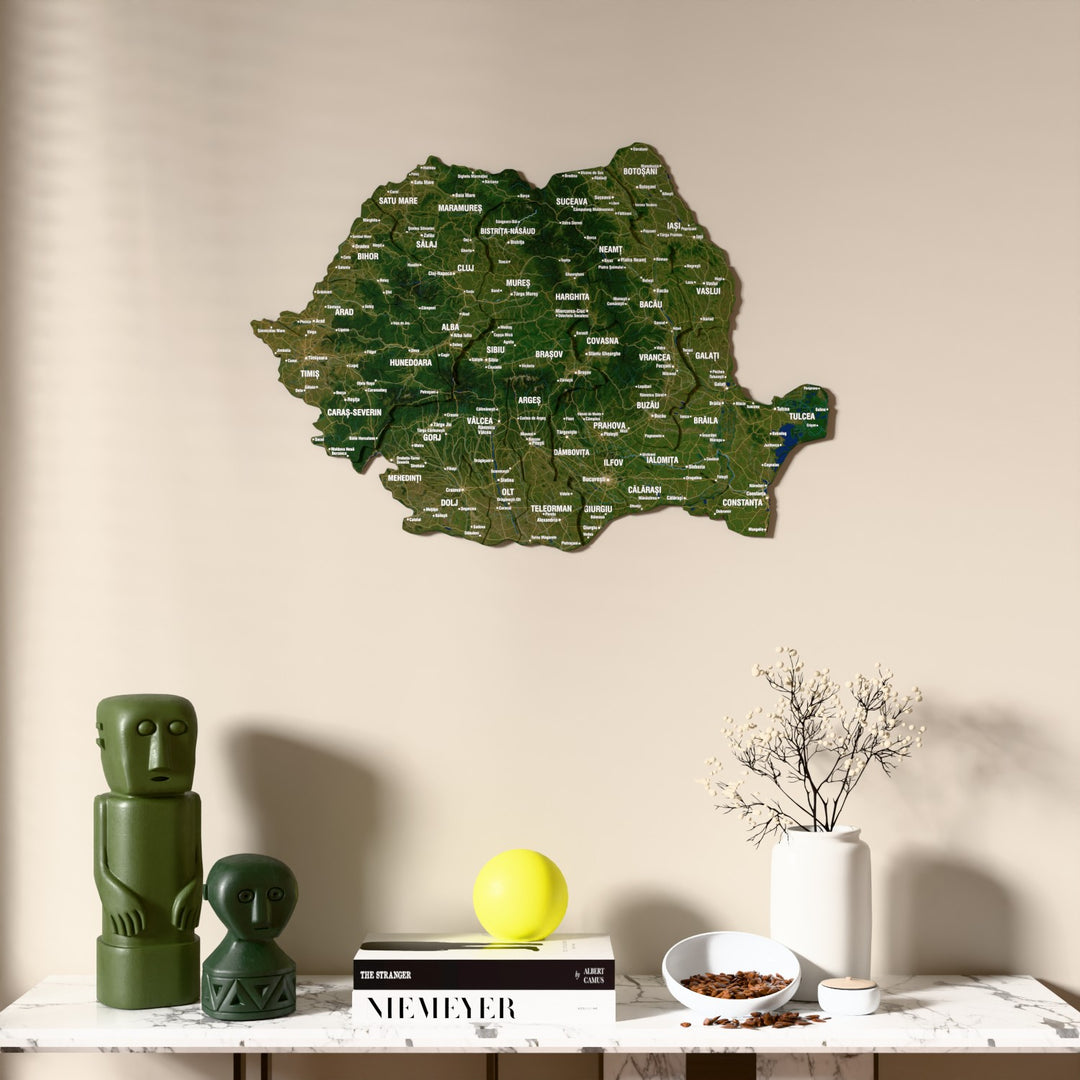 Satellite Romania wooden wall map above a marble console, front view