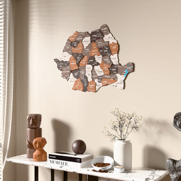 Soil Romania wooden wall map beside a sheer curtain, angled view