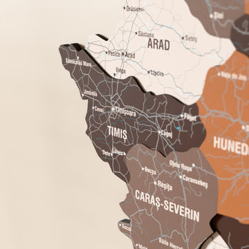 Close-up of the Soil Romania wooden wall map with layered regions and printed names