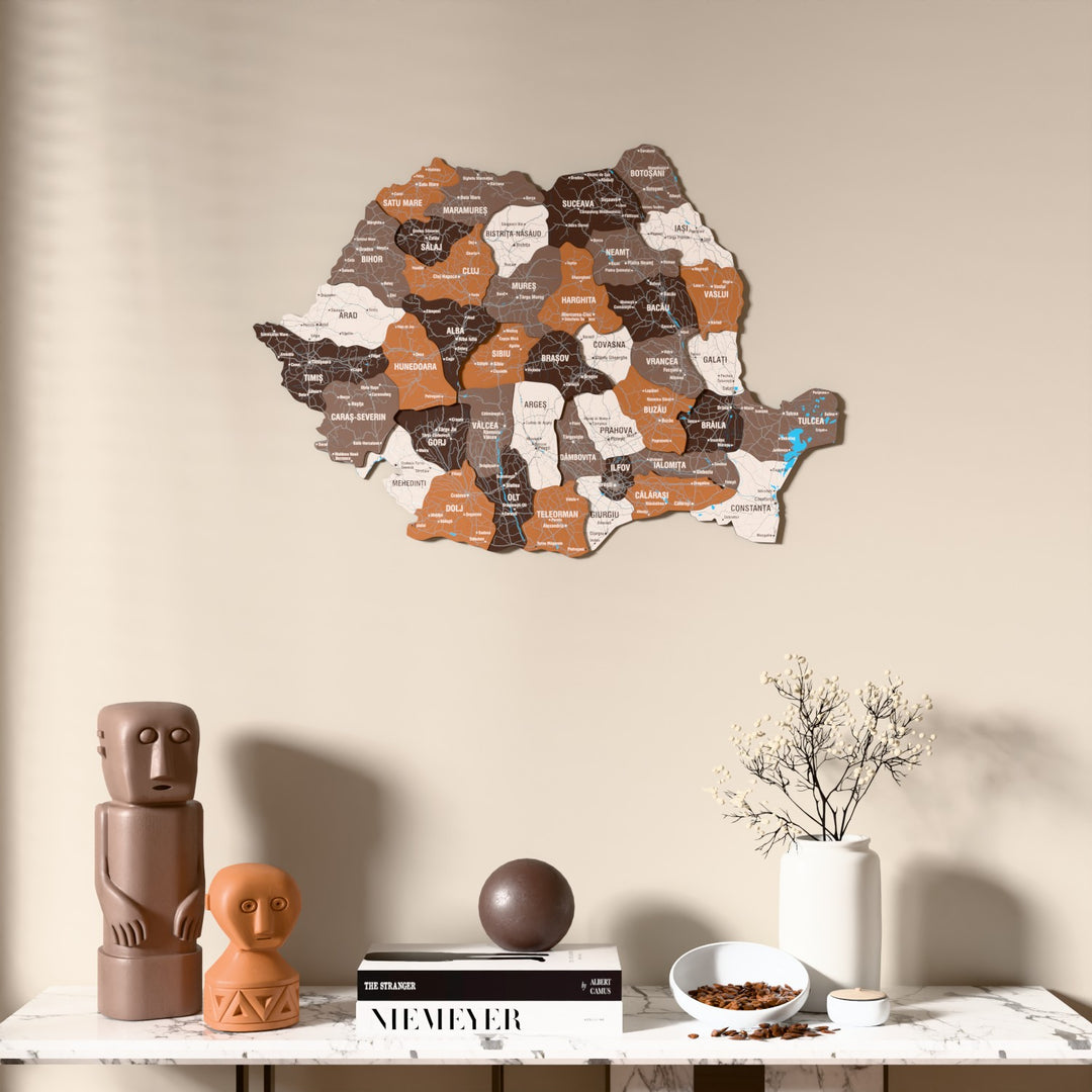 Soil Romania wooden wall map above a marble console, front view
