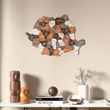 Soil Romania wooden wall map above a marble console, front view