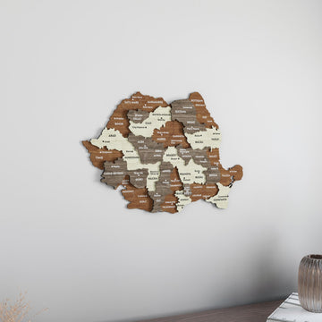 Romania wooden wall map on a light wall with a decorative vase at the lower right corner