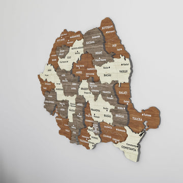 Large Romania wooden wall map from a side angle, with Bucharest, Constanta and Tulcea labels visible