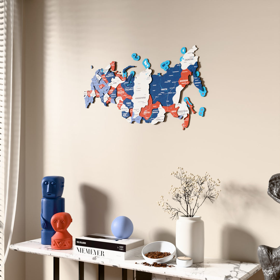 Flag colored Russia wooden wall map beside a sheer curtain, angled view