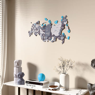 Nimbus Russia wooden wall map beside a sheer curtain, angled view