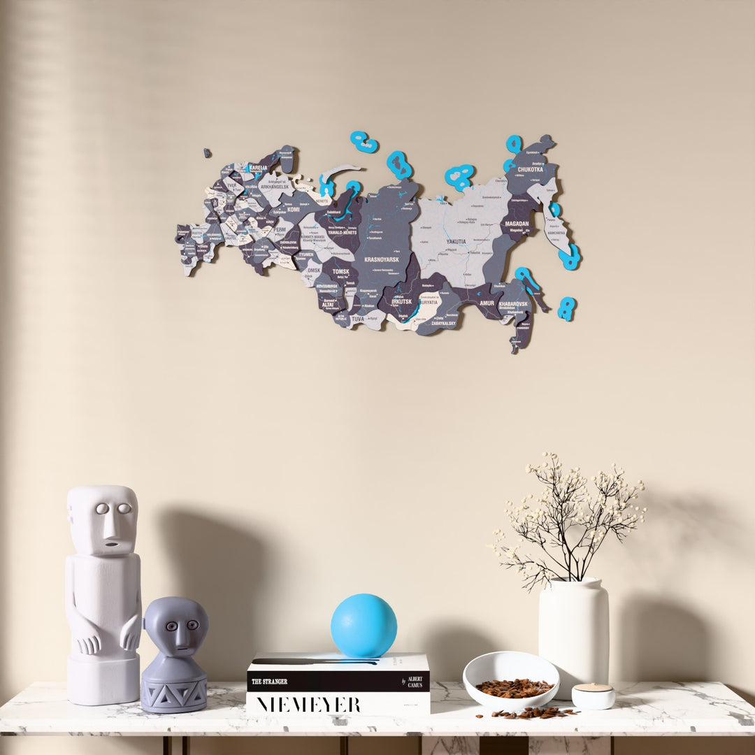 Nimbus Russia wooden wall map above a marble console, front view