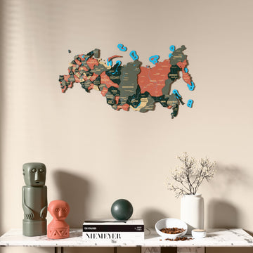 Sage Russia wooden wall map above a marble console, front view