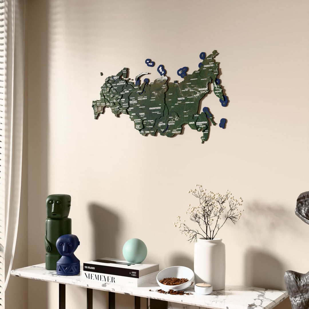 Satellite Russia wooden wall map beside a sheer curtain, angled view