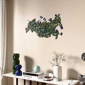 Satellite Russia wooden wall map beside a sheer curtain, angled view