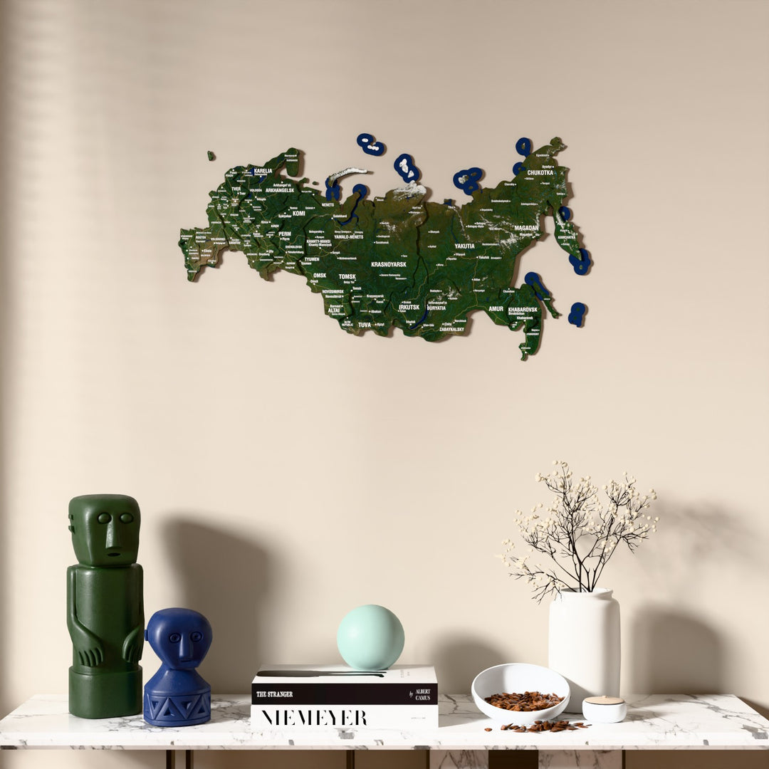 Satellite Russia wooden wall map above a marble console, front view