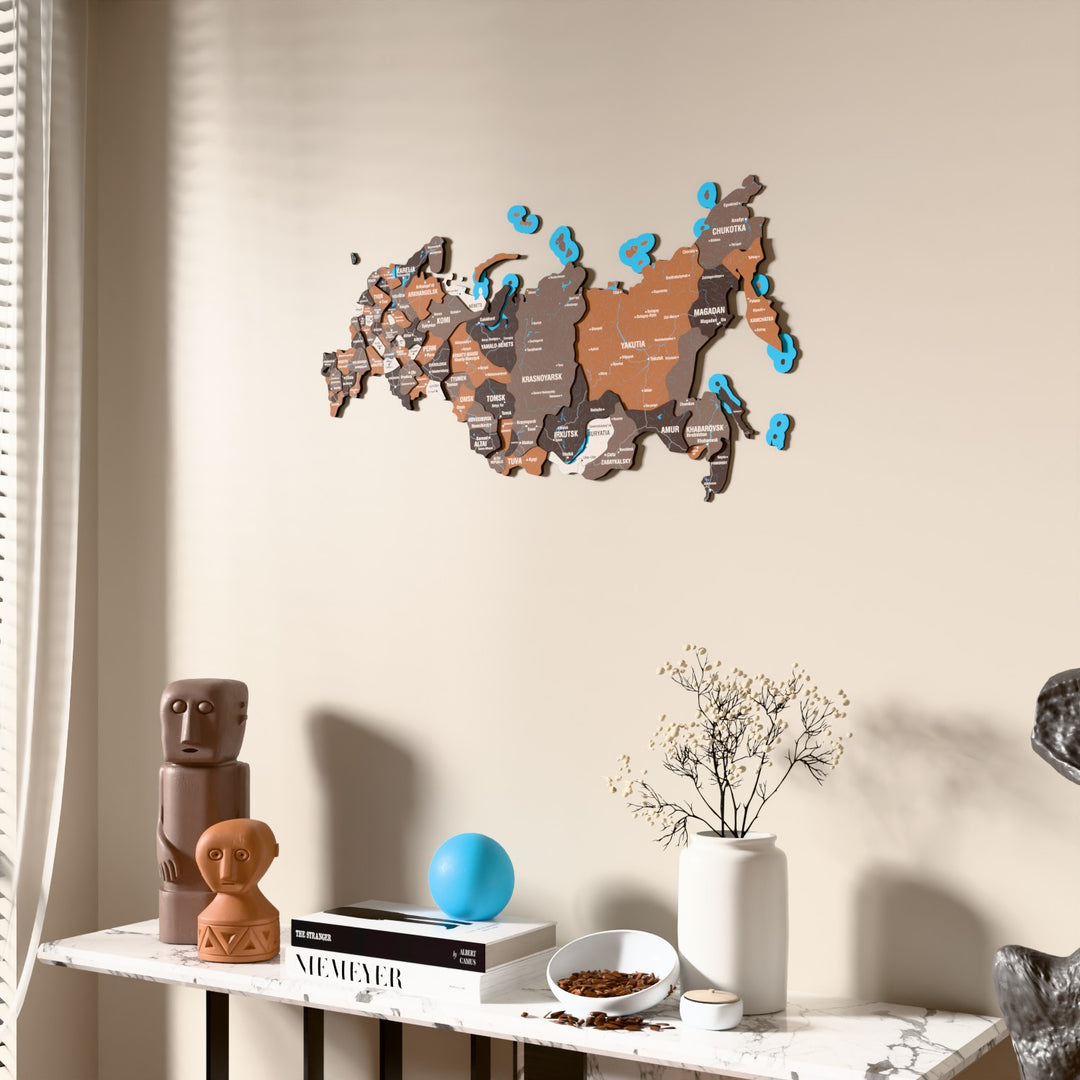 Soil Russia wooden wall map beside a sheer curtain, angled view