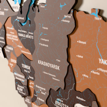 Close-up of the Soil Russia wooden wall map with layered regions and printed names